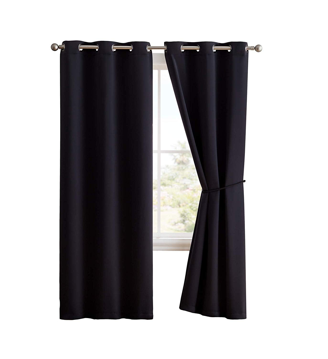 Nicole - Premium Grommet Blackout Window Curtain Panel with Tiebacks - Solid Thermal Insulated Draperies (54" W x 96" L, Black)