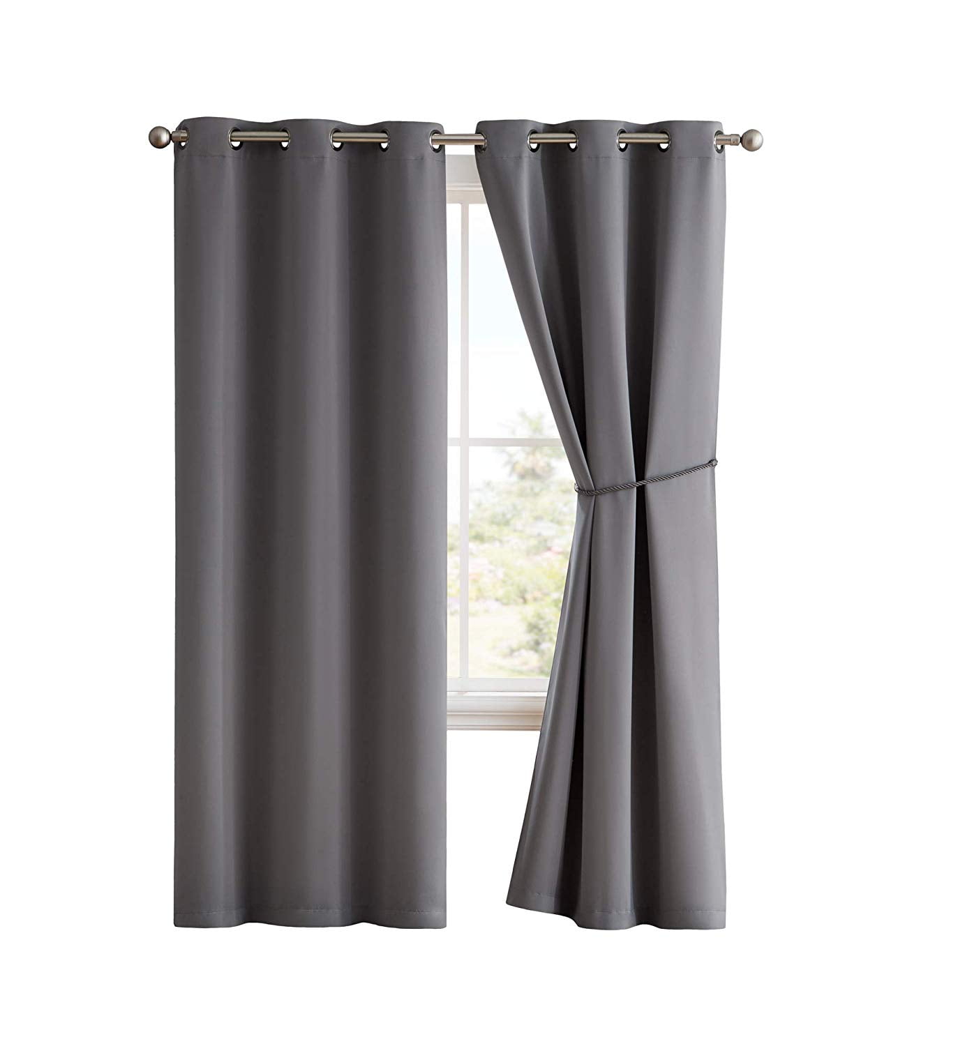 Nicole - Premium Grommet Blackout Window Curtain Panel with Tiebacks - Solid Thermal Insulated Draperies (54" W x 96" L, Light Grey)