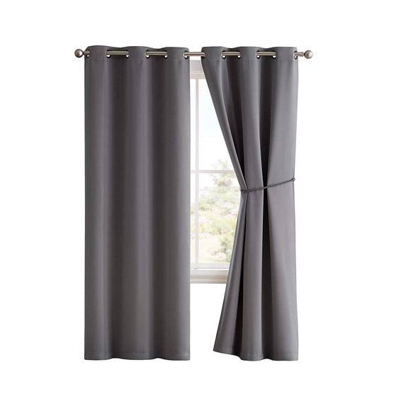 Nicole - Premium Grommet Blackout Window Curtain Panel with Tiebacks - Solid Thermal Insulated Draperies (54" W x 96" L, Light Grey)