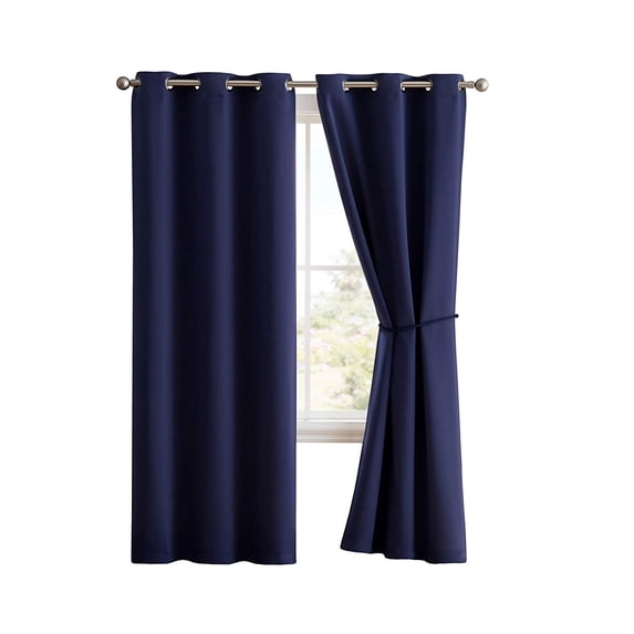 Nicole - Premium Grommet Blackout Window Curtain Panel with Tiebacks - Solid Thermal Insulated Draperies (54" W x 96" L, Navy)