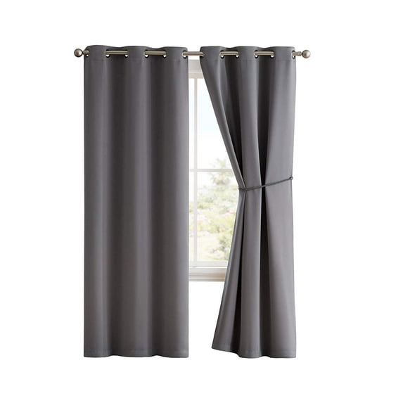 Nicole Premium Solid Thermal Insulated Draperies - Blackout Window Grommet Curtain Panel with Tiebacks (Panel Pair 38" W x 108" L, Light Grey)