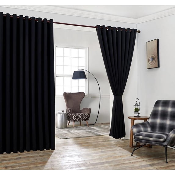 Nicole - Wall-to-Wall Pair - Premium Thermal Insulated Blackout Grommet Curtains - 18 Grommets Each - 2 Fabric Tiebacks - Ideal for Window Decor or Room Divider (2 Panels, 108" W x 120" L, Black)