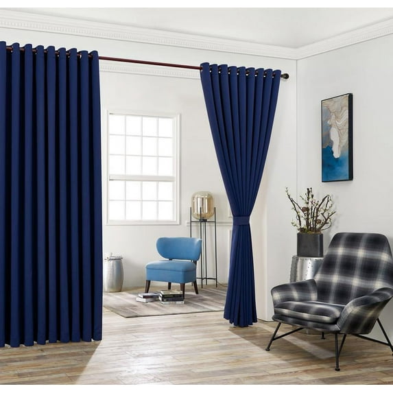 Nicole - Wall-to-Wall Pair - Premium Thermal Insulated Blackout Grommet Curtains - 18 Grommets Each - 2 Fabric Tiebacks - Ideal for Window Decor or Room Divider (2 Panels, 108" W x 120" L, Navy)