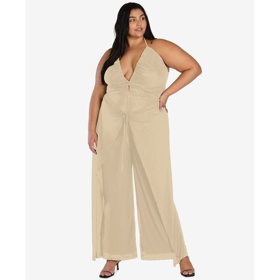 Nicole Williams English Plus Size Halter Jumpsuit Beigekhak 4X