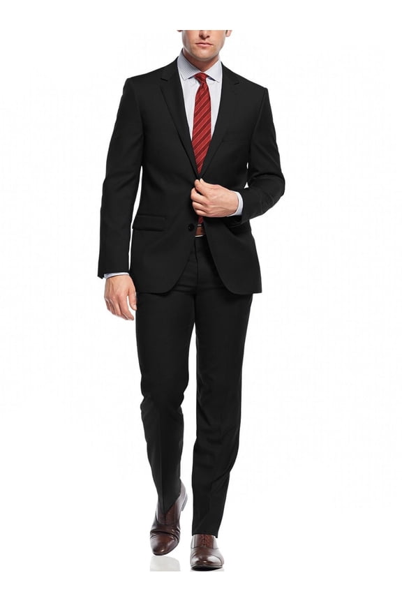 Mens Suit Slim Fit 2 Piece Two Button Working Buttonholes Jacket Black