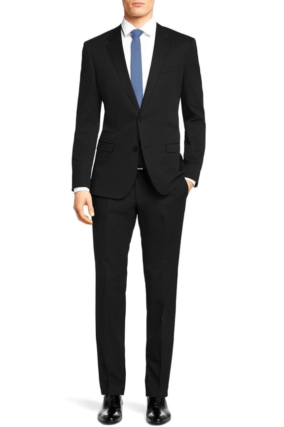 Mens Suit Slim Fit Two Button 2 Piece Notch Lapel Jacket Ticket Pocket Black Stripe