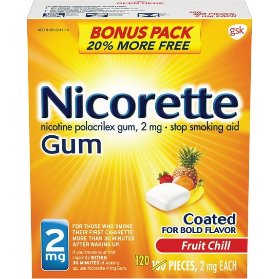 Nicorette Nicotine Coated Gum to Stop Smoking, 2Mg, Fruit Chill Flavor - 100+20 Count