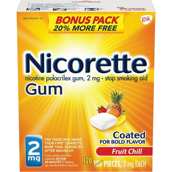 Nicorette Nicotine Coated Gum to Stop Smoking, 2Mg, Fruit Chill Flavor - 100+20 Count