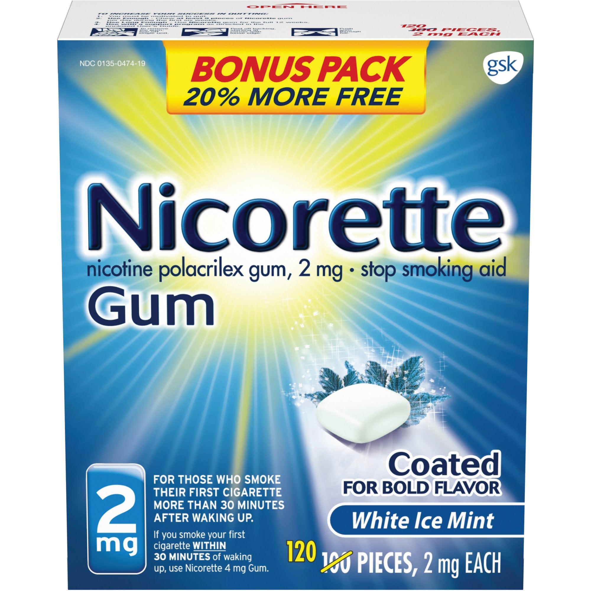 Nicorette Nicotine Coated Gum to Stop Smoking, 2Mg, White Ice Mint Flavor - 100 + 20 Count