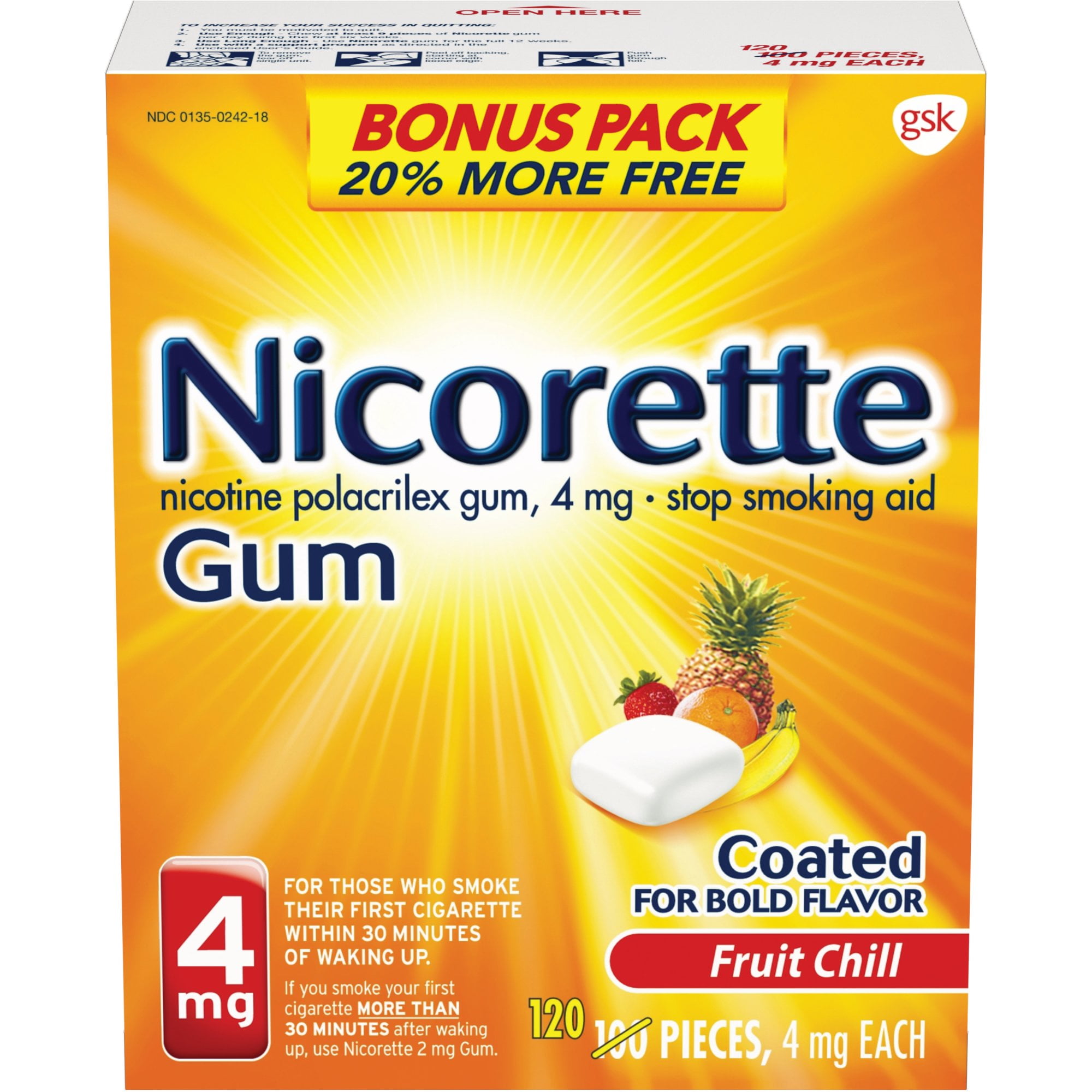 Nicorette Nicotine Coated Gum to Stop Smoking, 4Mg, Fruit Chill Flavor - 100+20 Count