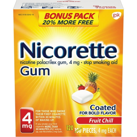 Nicorette Nicotine Coated Gum to Stop Smoking, 4Mg, Fruit Chill Flavor - 100+20 Count