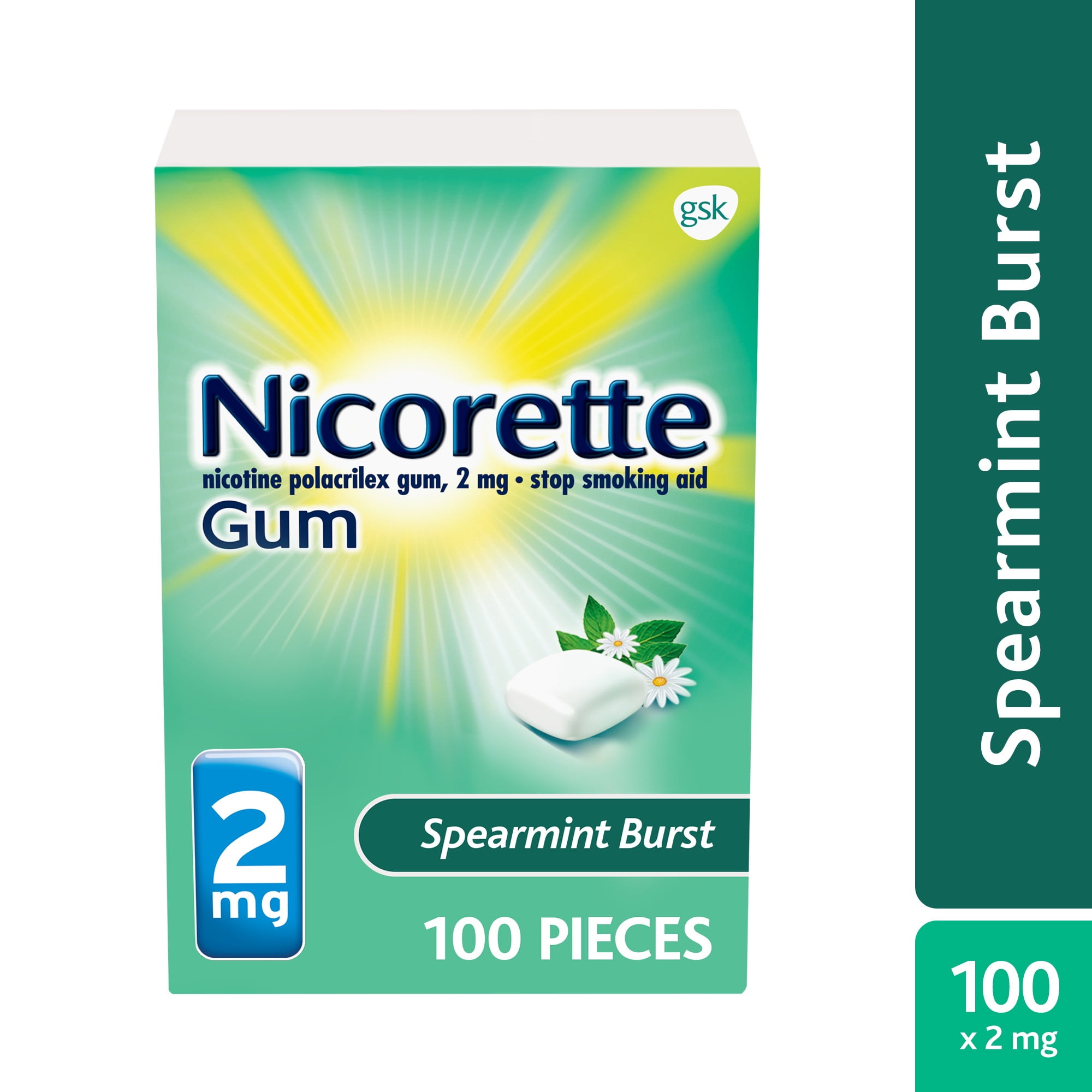 Nicorette Nicotine Gum Stop Smoking Aid 2 Mg Spearmint Burst 100 Ct