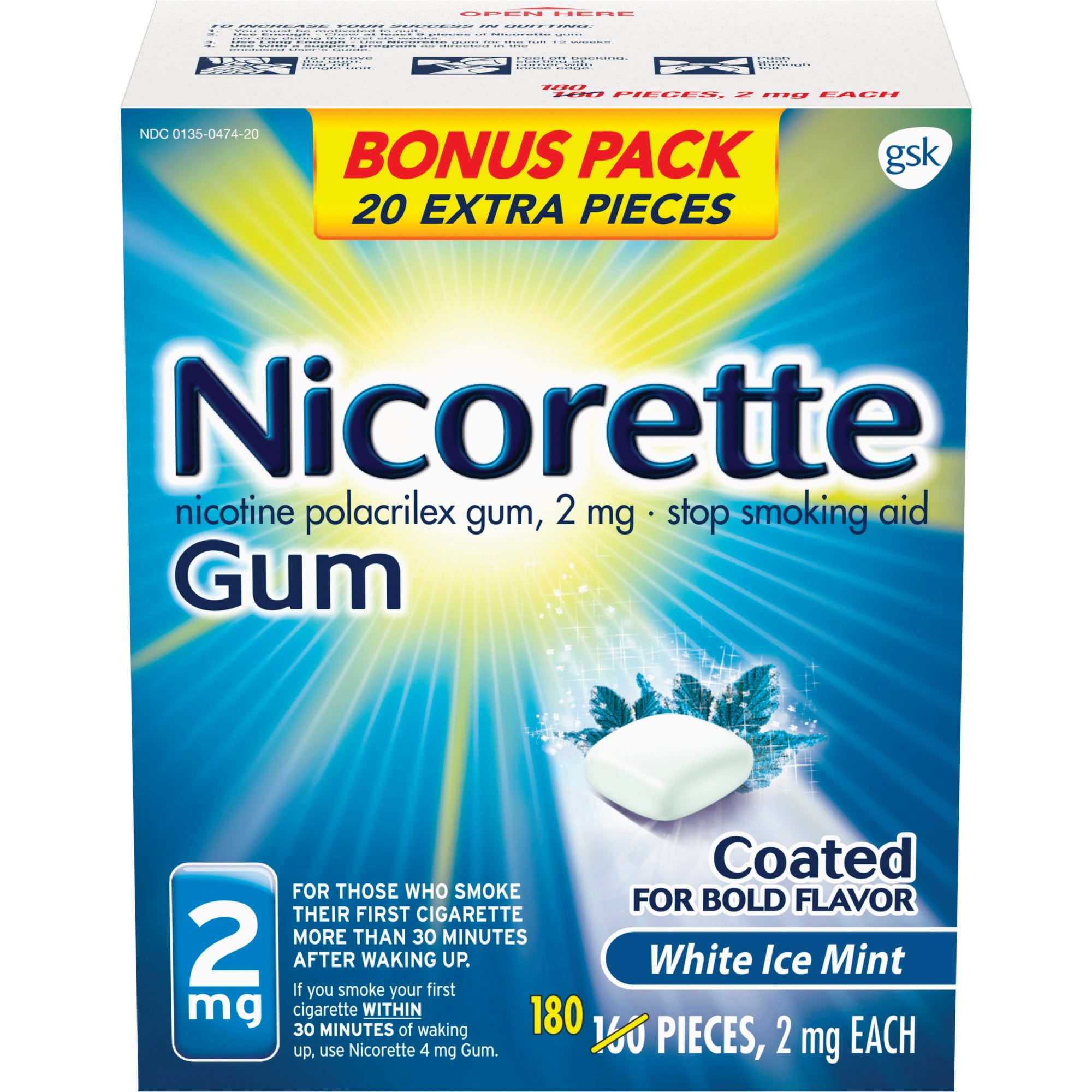 Nicorette Nicotine Gum to Stop Smoking, 2Mg, White Ice Mint Flavor - 160 Count + 20 Count Bonus
