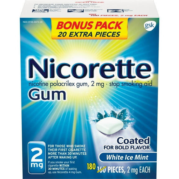 Nicorette Nicotine Gum to Stop Smoking, 2Mg, White Ice Mint Flavor - 160 Count + 20 Count Bonus
