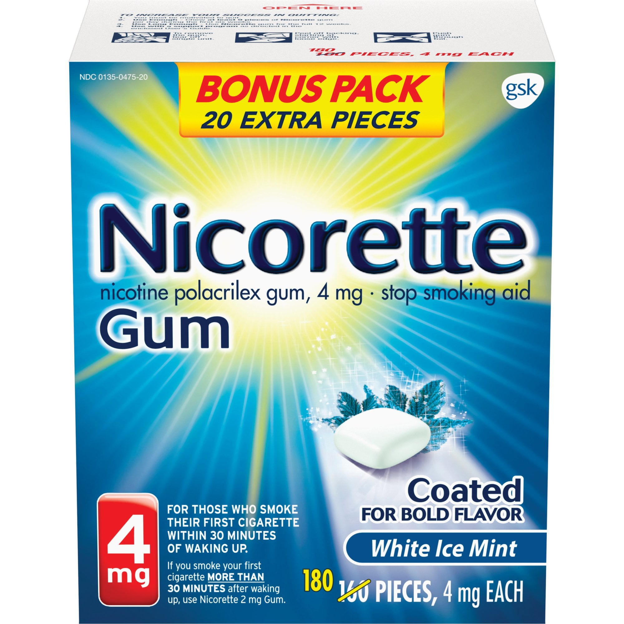 Nicorette Nicotine Gum to Stop Smoking, 4Mg, White Ice Mint Flavor - 160 Count + 20 Count Bonus