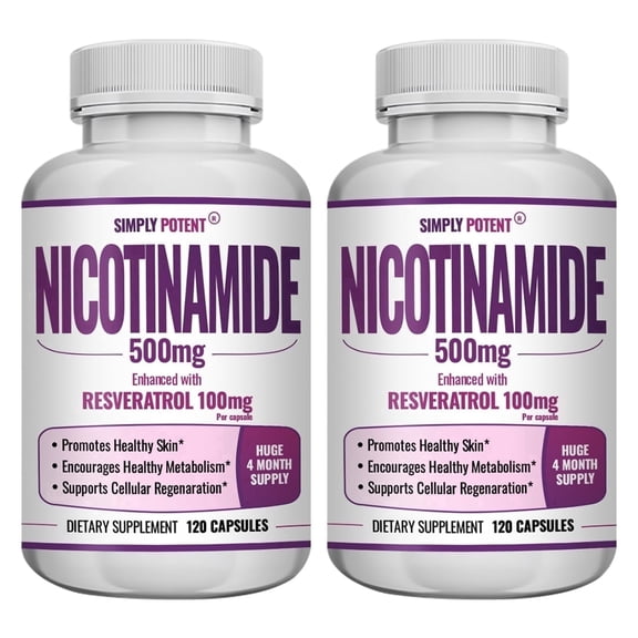 Simply Potent Nicotinamide with Resveratrol Supports Metabolism, Immune Health, 120 Veggie Capsules (Pack 2)