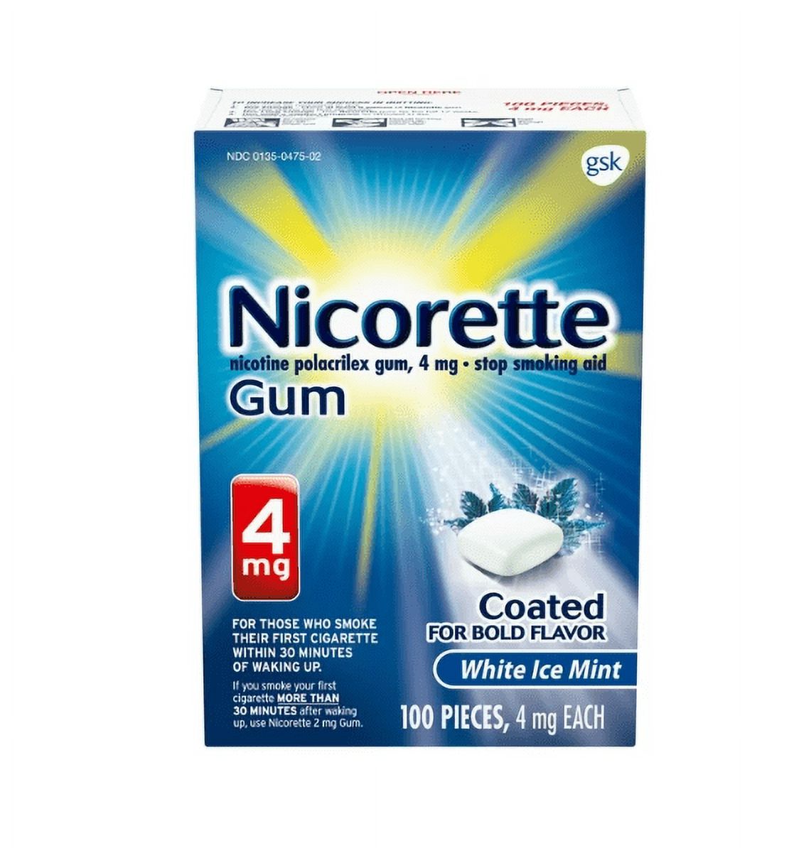 Nicotine Gum, Stop Smoking Aid 4 Mg, White Ice Mint 100 Ct