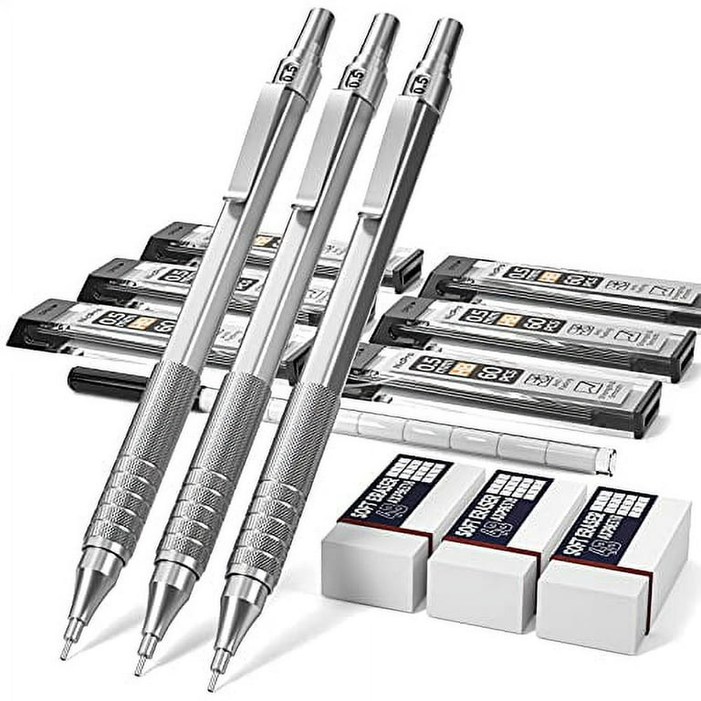 Nicpro 0.5 mm Mechanical Pencils Set with Case, 3 Metal Artist Pencil With  6 Tubes HB Pencil Leads And 3 Erasers For Architect Art Writing Drafting