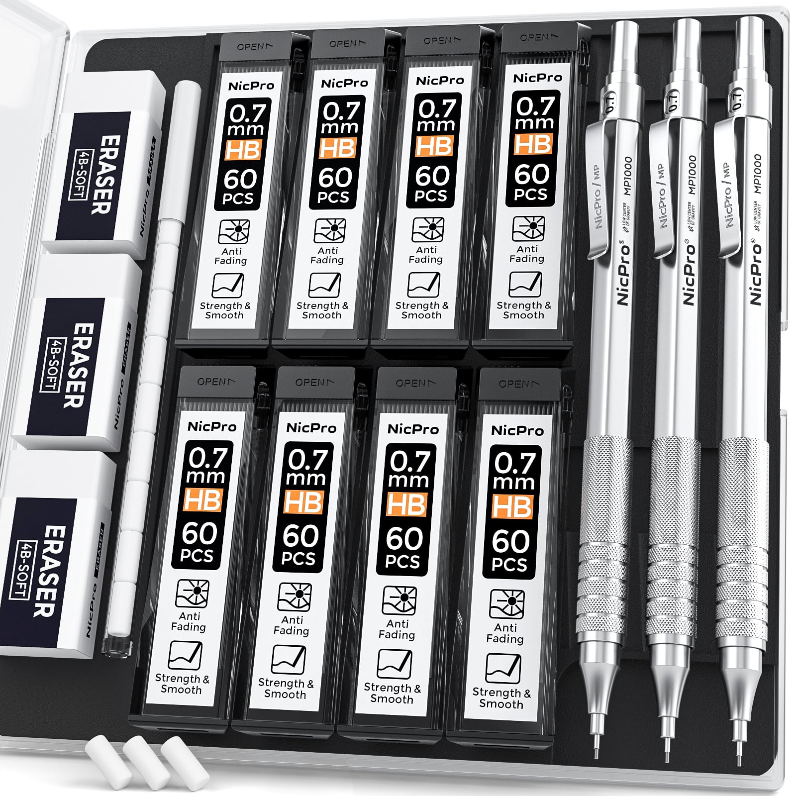 Nicpro 0.7mm Mechanical Pencils Set with Case, 3 Pcs Art Metal