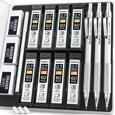 Nicpro 0.7mm Mechanical Pencils Set with Case, 3 Pcs Art Metal Drafting Led Pencil with 6 Tubes HB Pencil Leads and Erasers