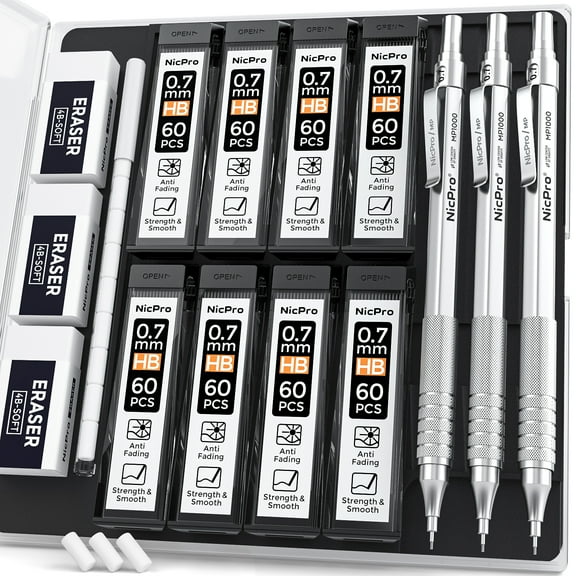 Nicpro 0.7mm Mechanical Pencils Set with Case, 3 Pcs Art Metal Drafting Led Pencil with 6 Tubes HB Pencil Leads and Erasers
