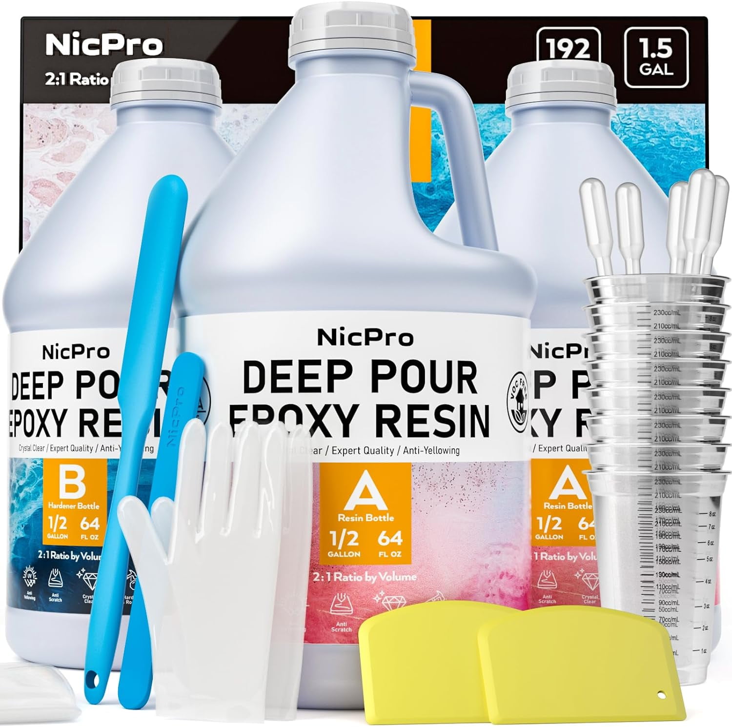 Nicpro 1.5 Gallon Deep Pour Epoxy Resin Kit, 2 to 4 inch Depth Crystal Clear & High Gloss, Bubble Free Epoxy Resin, Self Level 2:1