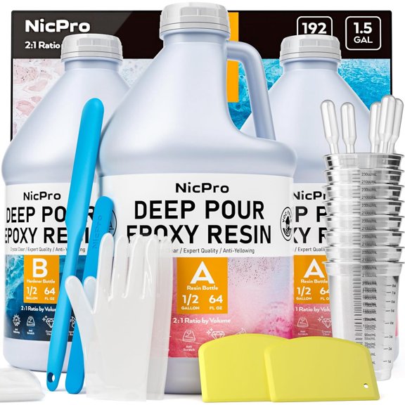 Nicpro 1.5 Gallon Deep Pour Epoxy Resin Kit, 2 to 4 inch Depth Crystal Clear & High Gloss, Bubble Free Epoxy Resin, Self Level 2:1