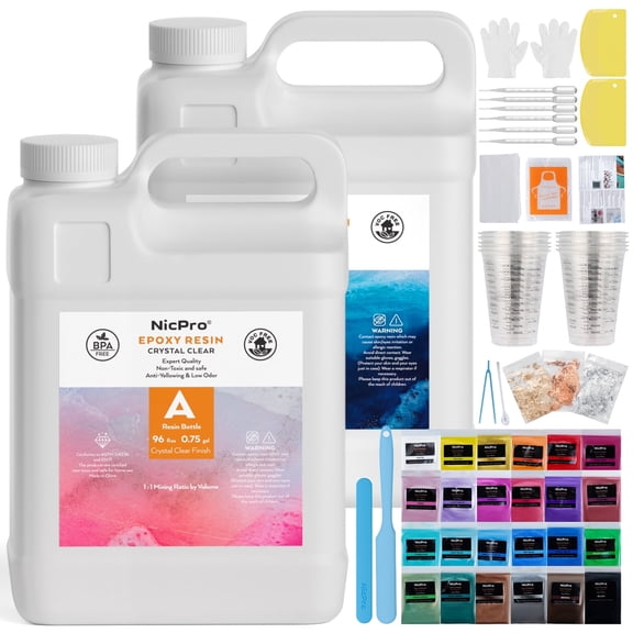 Nicpro 1.5 Gallon Epoxy Resin, High-Capacity Clear Resin Kit for Table Top, Jewelry, Molds, No Bubbles, with 24 Mica Powder, Gold Foil Flakes, Measuring Cup