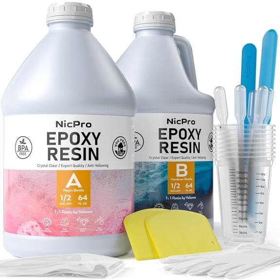 Nicpro 1 Gallon Crystal Clear Epoxy Resin Kit, High Gloss & Bubbles Free Resin Supplies for Art Coating and Casting, Craft DIY, Wood, Tabletop, Bar Top, Molds, River Tables with Cups, Sticks, Gloves