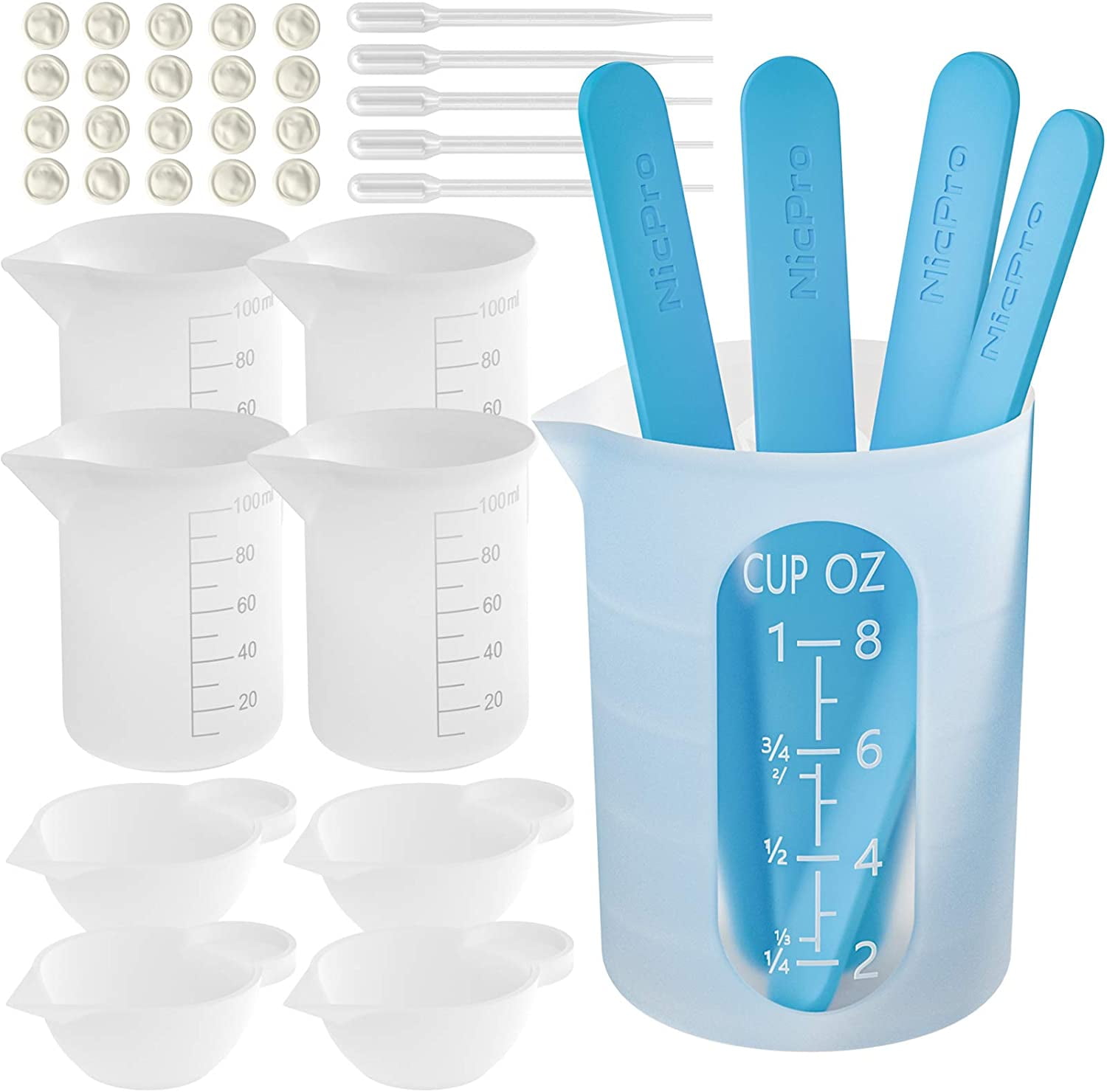 Nicpro 100 & 250ml Silicone Resin Measuring Cups Tool Kit, Measure Cups,  Silicone Popsicle Stir Sticks, Pipettes, Finger Cots for Epoxy Resin Mixing,  Molds, Jewelry Making, Waxing, Easy Clean 