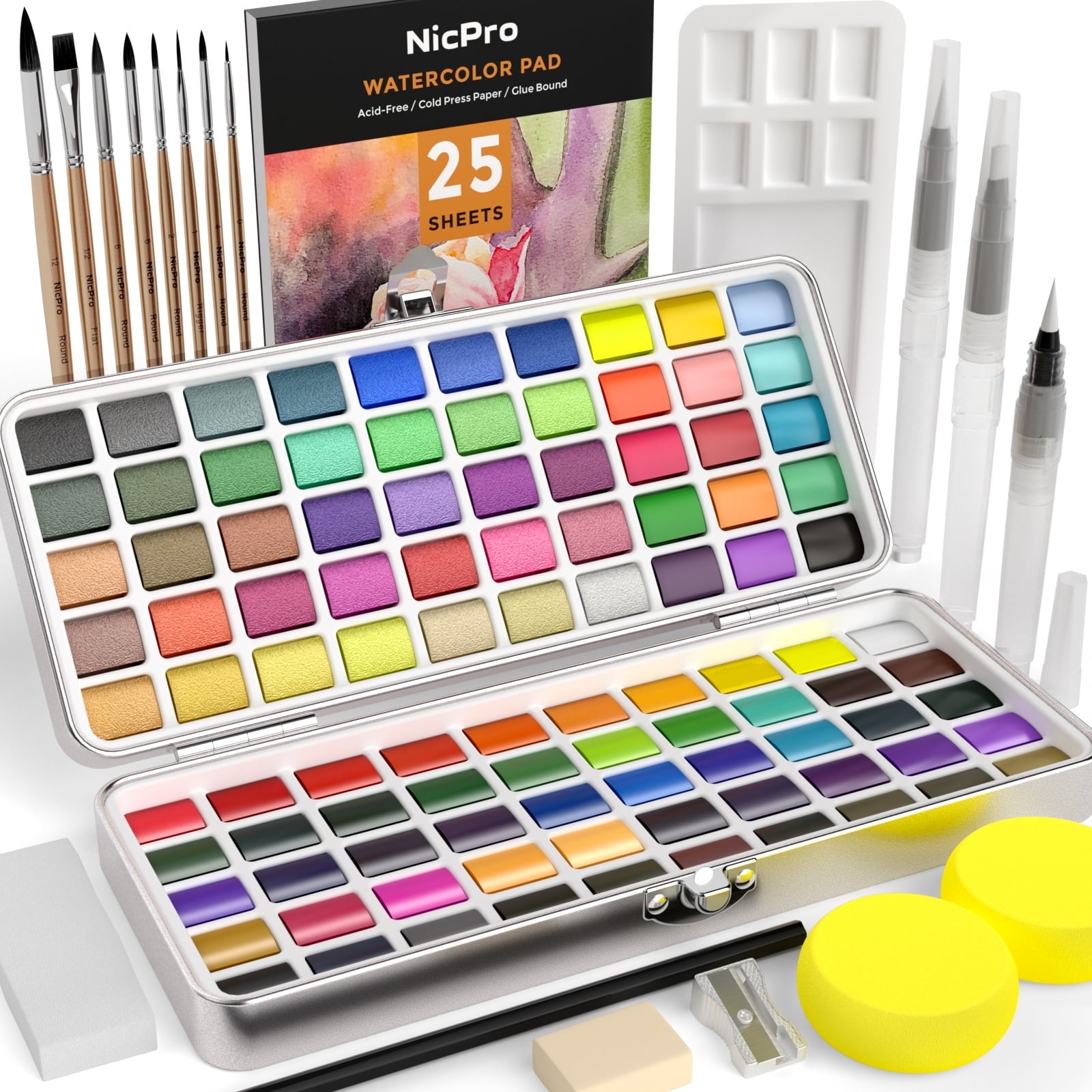 Nicpro 100 Colors Watercolor Paint Set Include Metallic Macaron & Fluorescent, 8 Squirrel Painting Brushes, 25 Water Color Paper, Palette, Art Supplies Kit