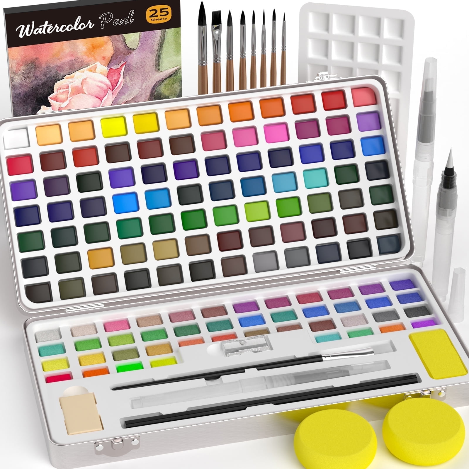 Nicpro 128 Colors Watercolor Paint Set include Metallic Macaron & Fluorescent, 8 Squirrel Painting Brushes, 25 Water Color Paper, Palette, Art Supplies Kit for Artist, Adult, Beginner