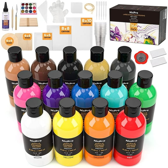 Nicpro 14 Colors 8.45oz Acrylic Pour Paint Supplies Kit, Large Volume Premixed High Flow Painting Bulk Set
