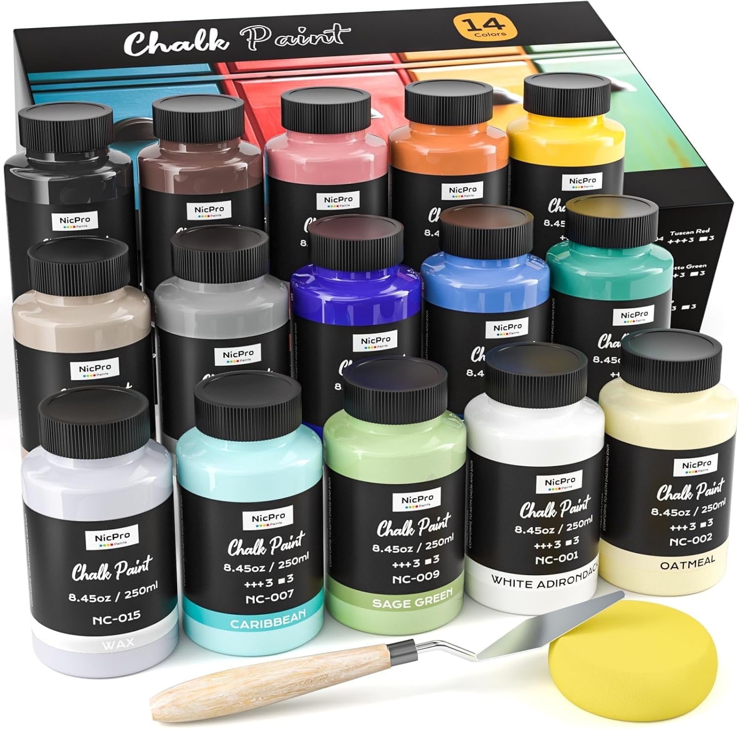 Nicpro 14 Colors Chalk Paint for Furniture, Ultra Matte Finish Acrylic Craft Paint Set (8.45 oz, 250ml) Chalk Furniture Paints with Liquid Wax, Color Wheel for Crafts, Home Decor, Beginner and Artist
