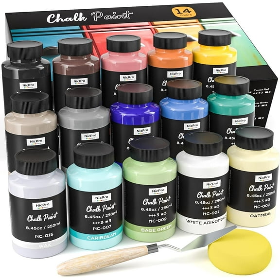 Nicpro 14 Colors Chalk Paint for Furniture, Ultra Matte Finish Acrylic Craft Paint Set (8.45 oz, 250ml) Chalk Furniture Paints with Liquid Wax, Color Wheel for Crafts, Home Decor, Beginner and Artist