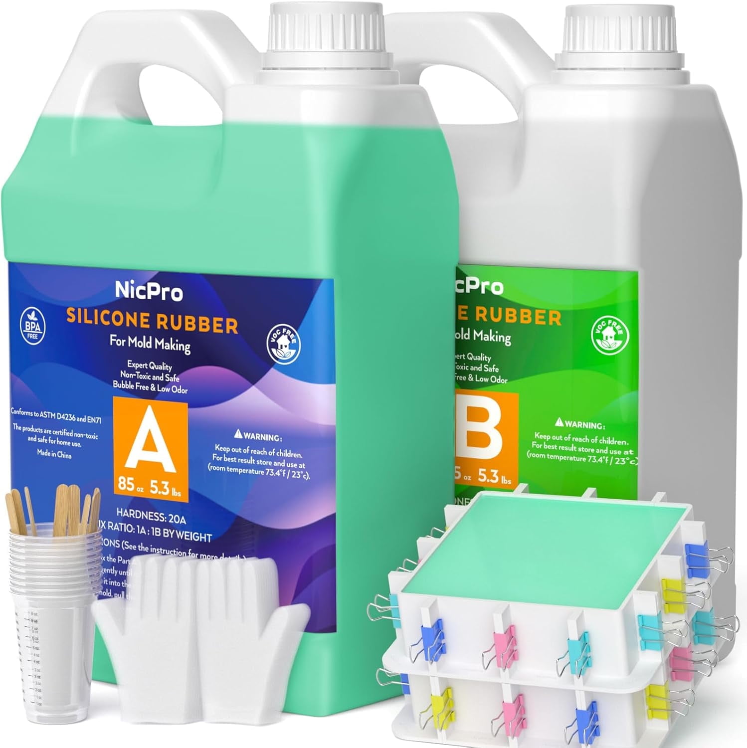 Nicpro 170oz Silicone Mold Making Kit, Platinum Liquid Silicone Rubber for Mold Maker, Jade Green Flexible & Mix Ratio 1:1 for Casting 3D Resins Molds DIY with 2PCS Mold Housing, Mixing Cups