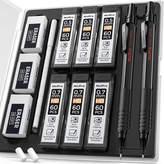 Nicpro 2 PCS Mechanical Pencil 0.5mm & 0.7 mm with Case, MP1000 Metal Artist Pencil Set with 6 Tubes HB Lead Refills, 3 Erasers, 9 Eraser Refills, Black