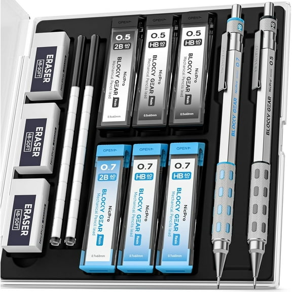 Nicpro 2 Pack Blocky Gear Metal Mechanical Pencils Set with Case, 0.5 mm & 0.7 mm Lead Drafting Pencil with 6 Tube (360PCS) Lead Refills(HB 2B), 3 Erasers, 18 Eraser Refills for Art Sketching Drawing