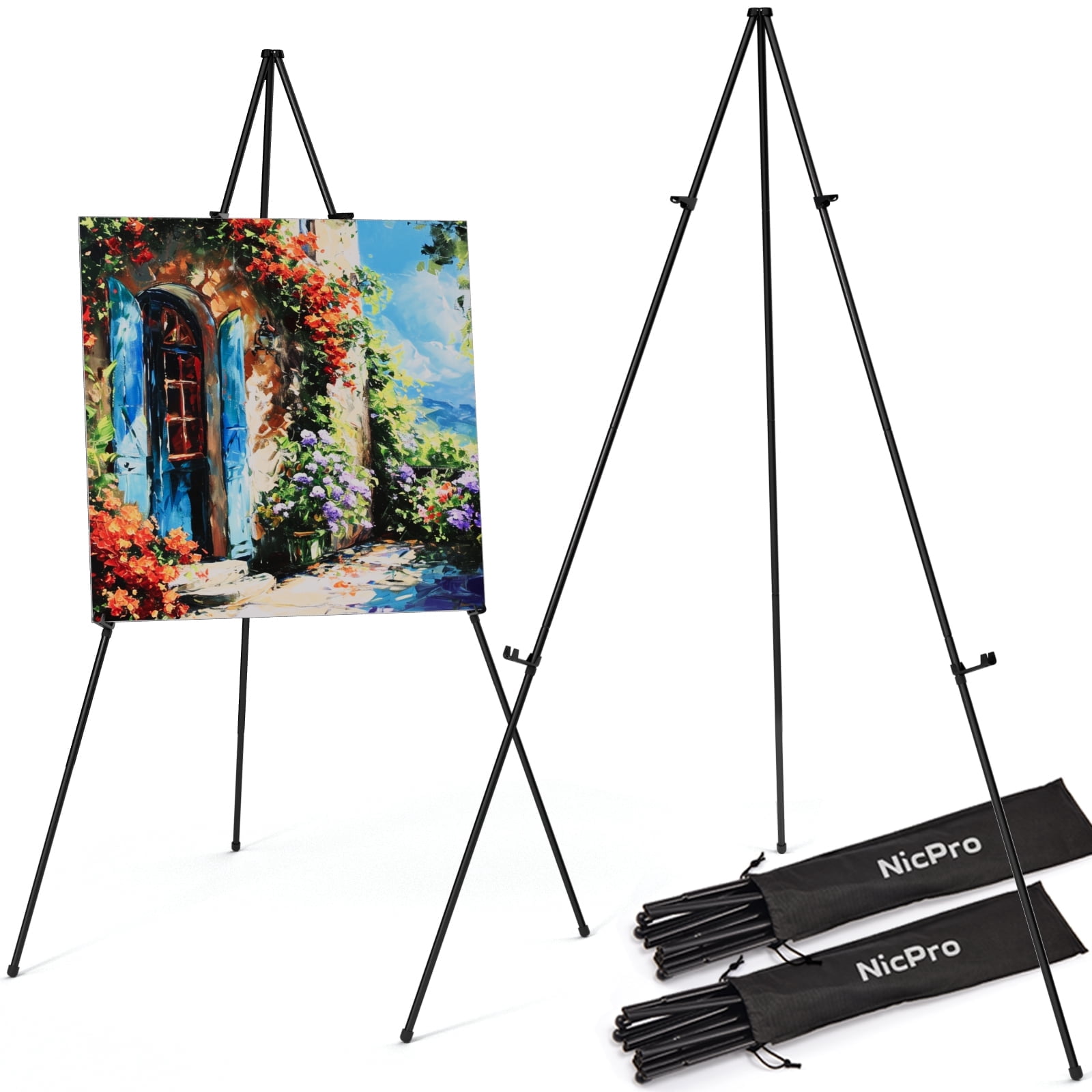 Nicpro  2 Pack Folding Easels for Display, 63 Inch Metal Floor Easel Stand Tripod Black Portable for Artist, Poster, Wedding with Carry Bag