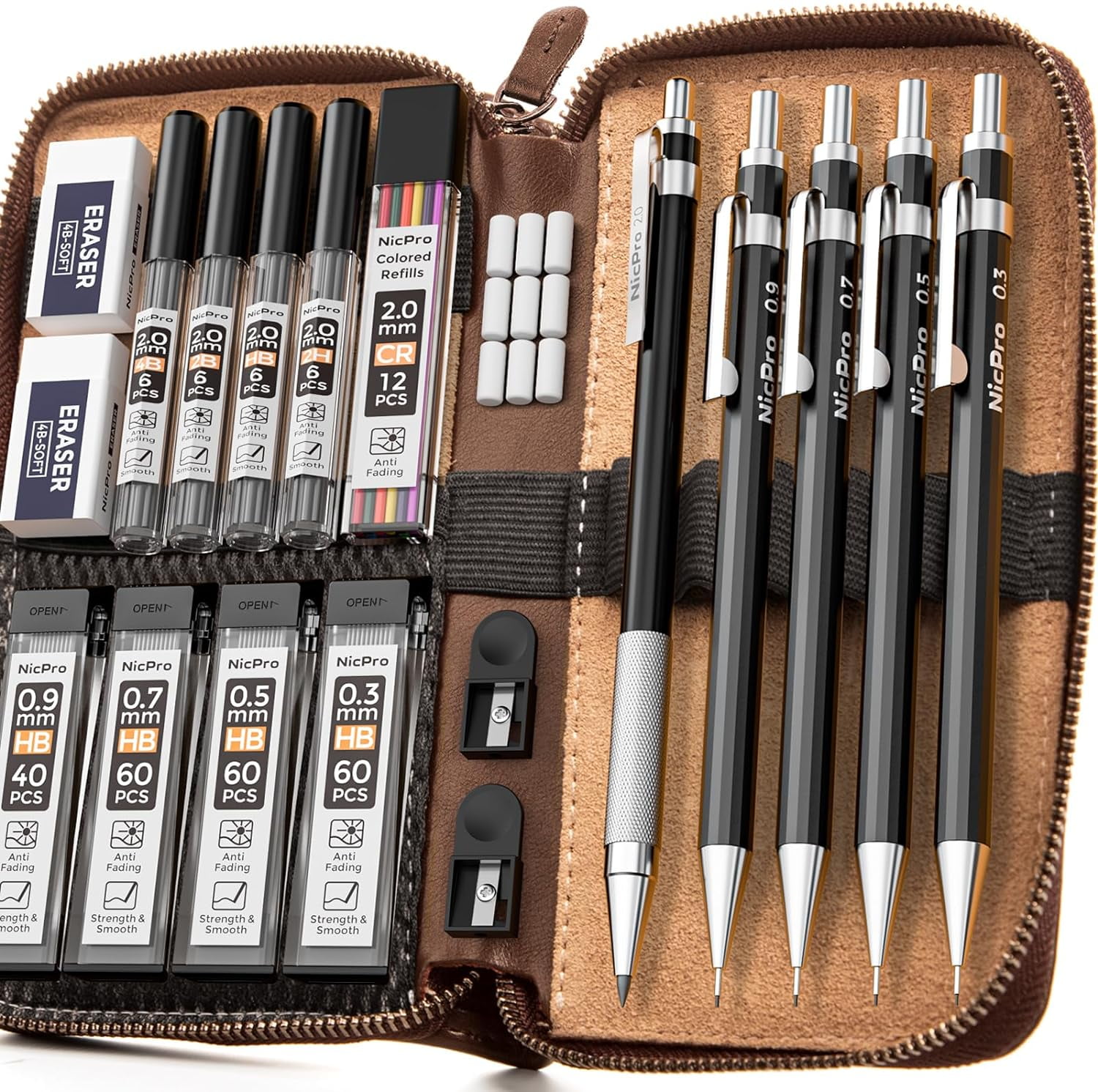 Nicpro 5 Pcs Black Metal Mechanical Pencil Set in Leather Case, 0.3, 0.5, 0.7, 0.9 mm & 2mm Lead Pencil Holders, (4B 2B HB 2H) Lead Refills (Black & Colors), Erasers