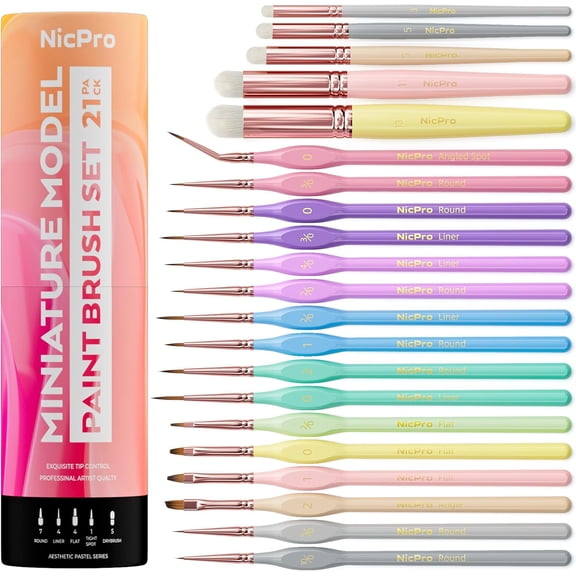 Nicpro 21PCS Fine Detail Paint Brush Drybrush Set, Aesthetic Pastel Fine Tip Miniature Paint Brushes for Acrylic Oil Watercolor, Crafts, 40K Models, Miniatures, Rock Painting, Paint by Numbers