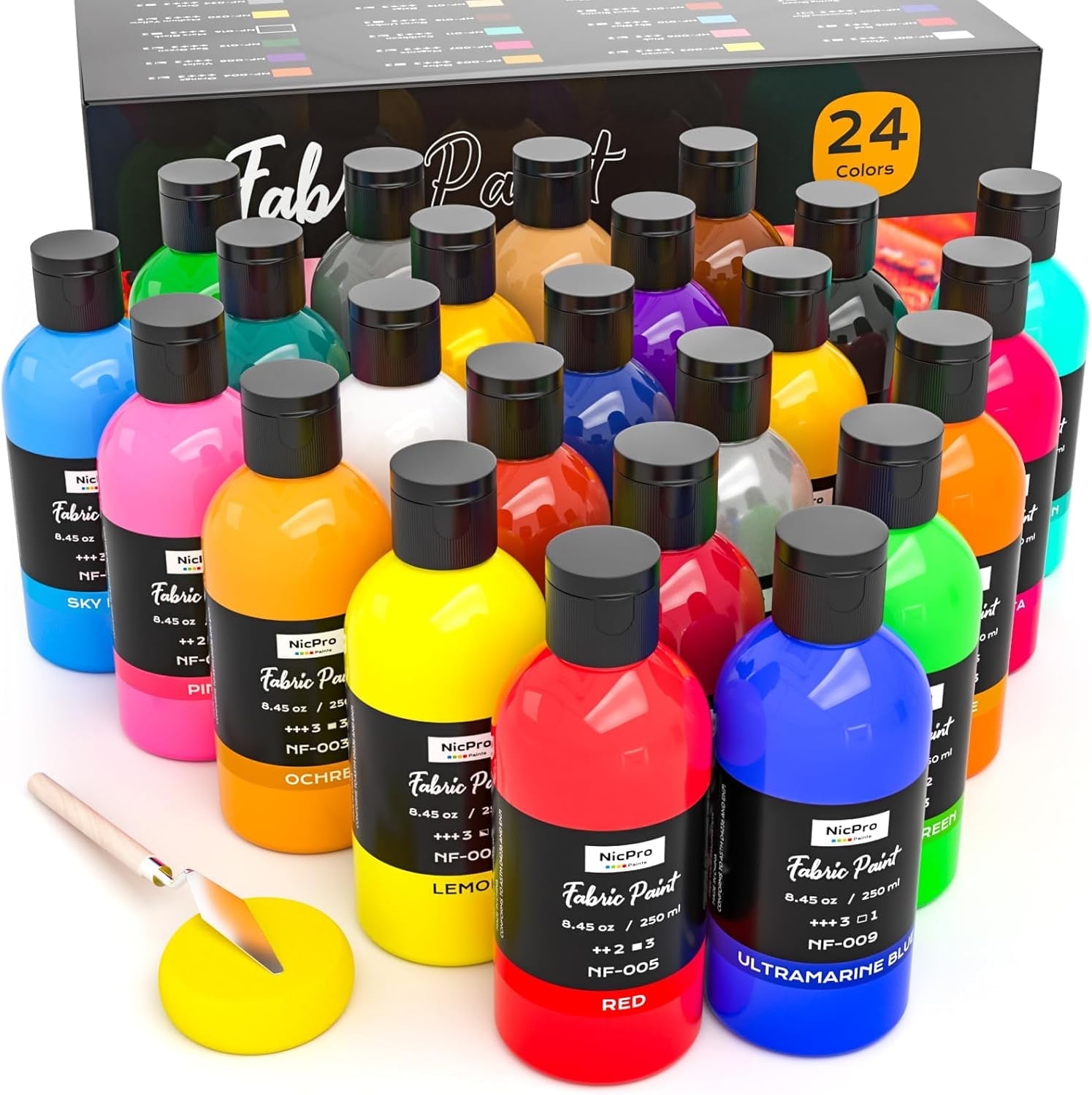 Nicpro 24 Colors Permanent Fabric Paint (8.45 oz, 250 ml) Soft Fabric Paint for Clothes, Non-Toxic Textile Paint for Fabric DIY Crafts, T-shirts, Shoes Jeans Bags Canvas for Kid Adult with Color Whee