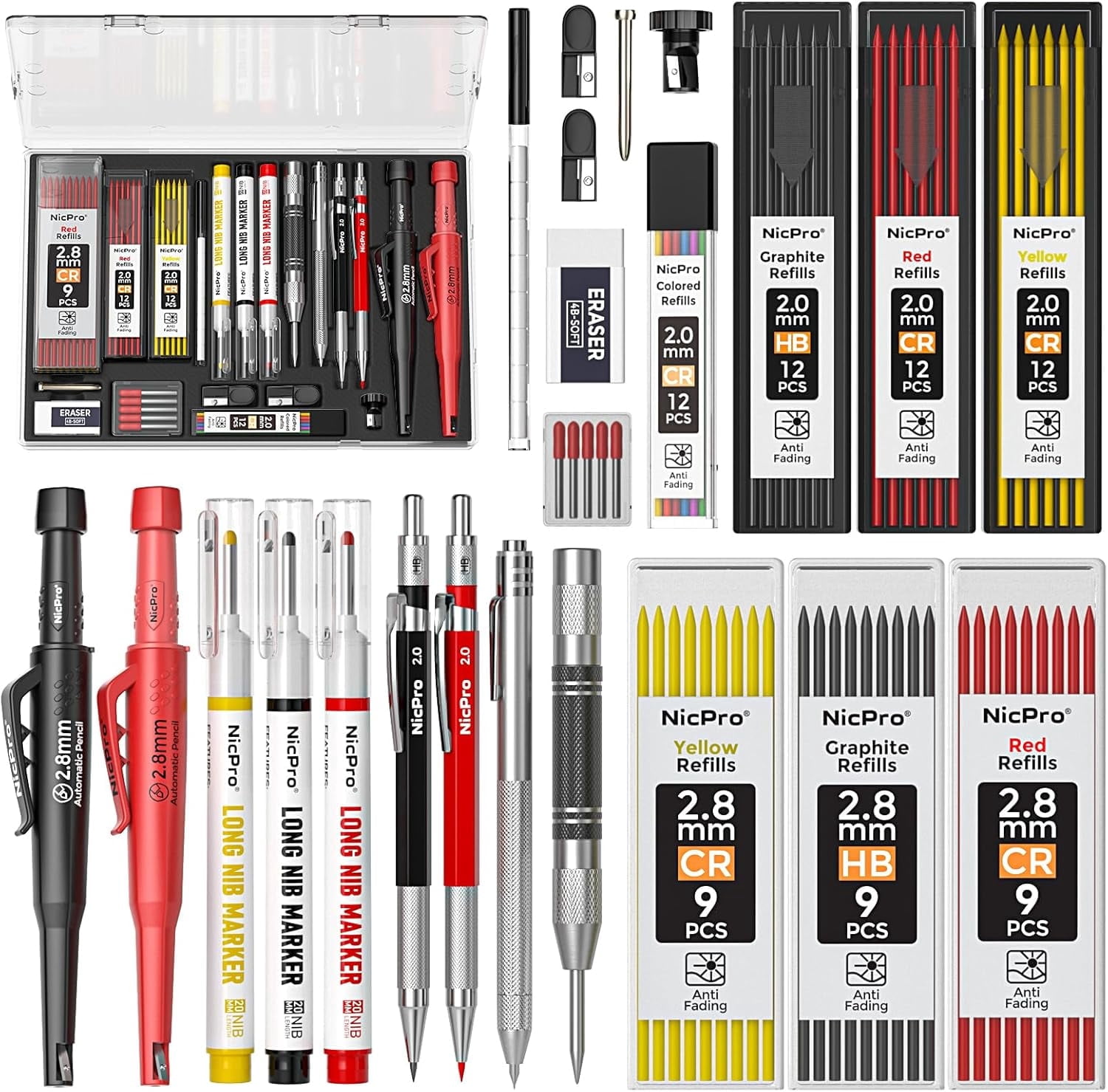 Nicpro 24 Pack Carpenter Pencil Set with Sharpener, Mechanical Carpenter Pencils with 79 Refills, Deep Hole Marker, Carbide Scribe Tool, Heavy Duty Construction Pencil for Architect Woodworking