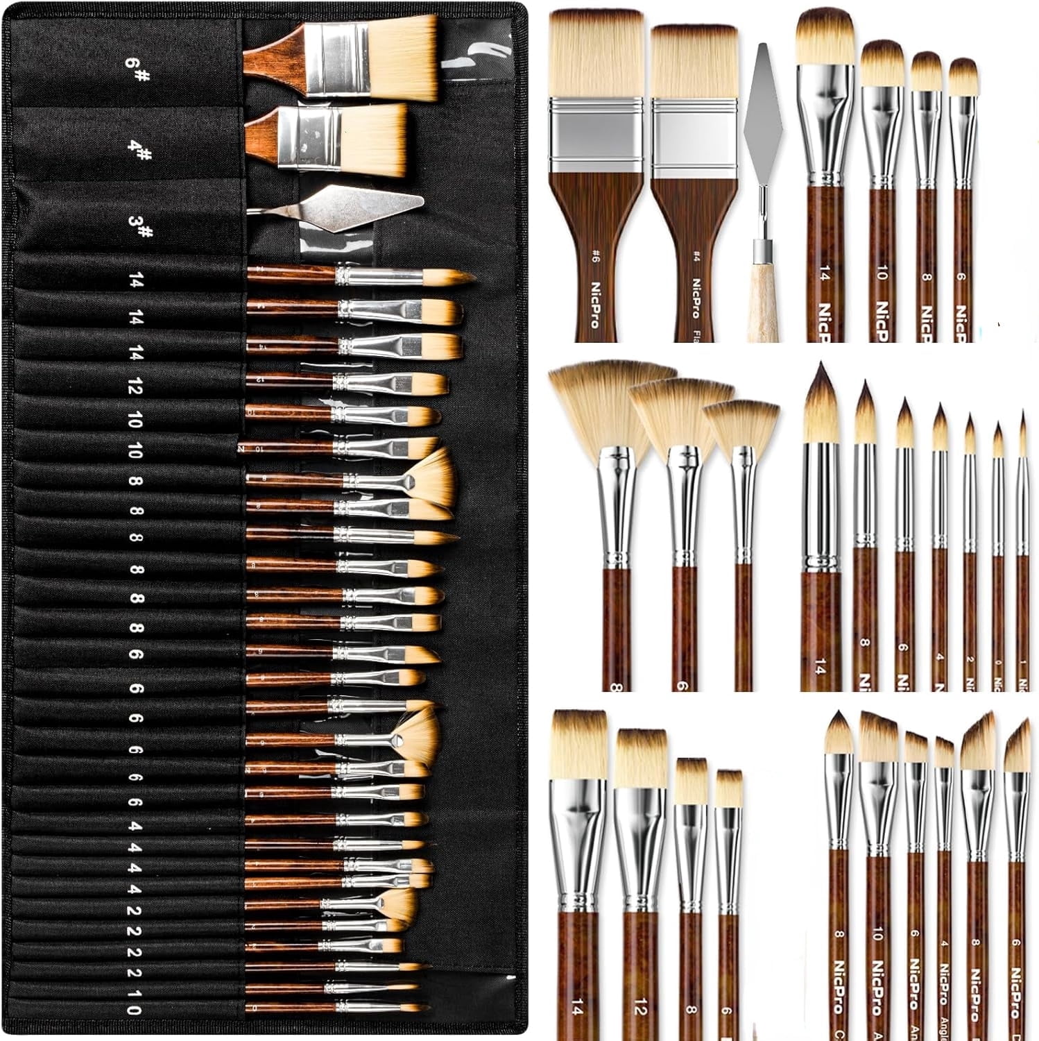 26pcs Paint Brush Set, Professional Paintbrushes with Paint Spatula and Cloth Roll, Craft Paint Brushes for Acrylic Painting, Oil, Watercolor, Gouache, Art Supplies for Artists and Beginners