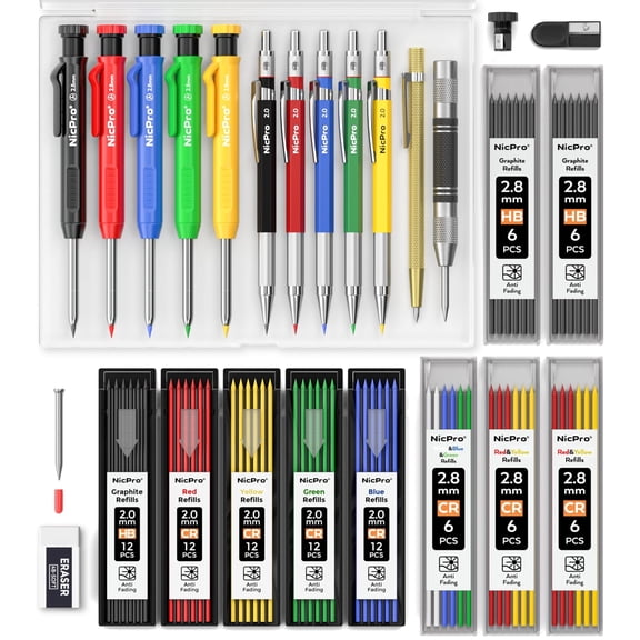 Nicpro 27 Pack Carpenter Pencils for Woodworking, Construction Mechanical Pencil with 100 Refill, Automatic Center Punch and Carbide Scribe Carpenter Tool, Construction Pencil