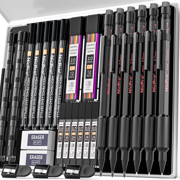 Nicpro 27Pcs Art Mechanical Pencil Set in Case, Metal Drafting Pencil 0.5, 0.7, 0.9 mm & 2mm with 13 Tube Lead Refills(4B 2B HB 2H 4H Colors) Weatherproof Barrel for Outdoor Writing Drawing Sketching