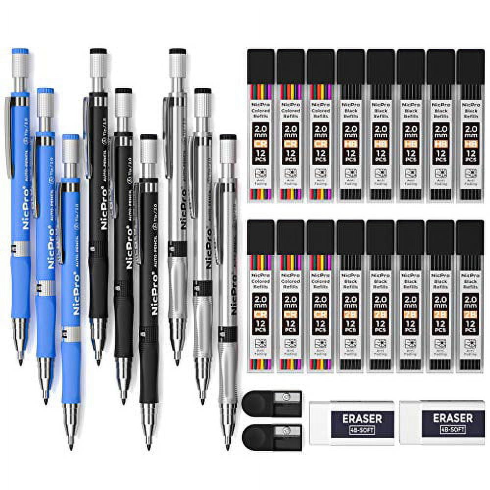 Nicpro 29 Pieces 2mm Mechanical Pencil Set, 9 PCS Artist Carpenter Drafting  Pencil 2.0 mm with 16 Tube Lead Refills HB, 2B Black & Colors, 2 Erasers, 2  Sharpeners for Art Drawing, Writing, Sketching 