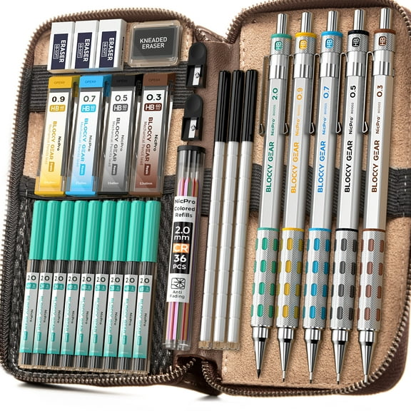 Nicpro 29Pcs Mechanical Pencil Set, 0.3-2mm Lead with 330 Refills, Metal Gear Design, Leather Case for Drawing & Writing