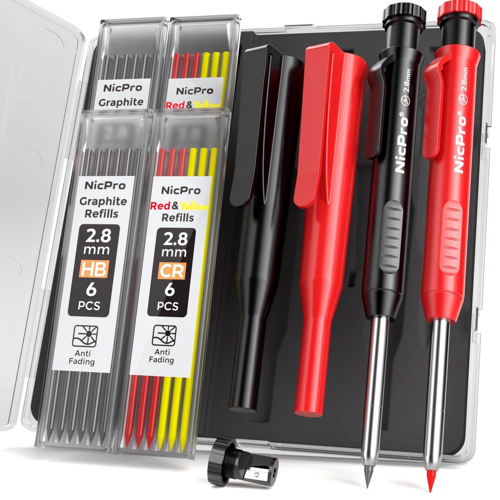 Nicpro 2-Pack Carpenter Pencil Set With Sharpener, Grip & 26 Refills - Mechanical Woodworking Pencils, Deep Hole Marker