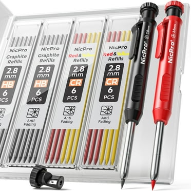 Nicpro 2Pcs 2.8 mm Carpenter Pencils, Mechanical Pencils Set with 26 Refills, 1 Sharpener, Woodworking Pencils for Architect (Black, Red, Yellow)
